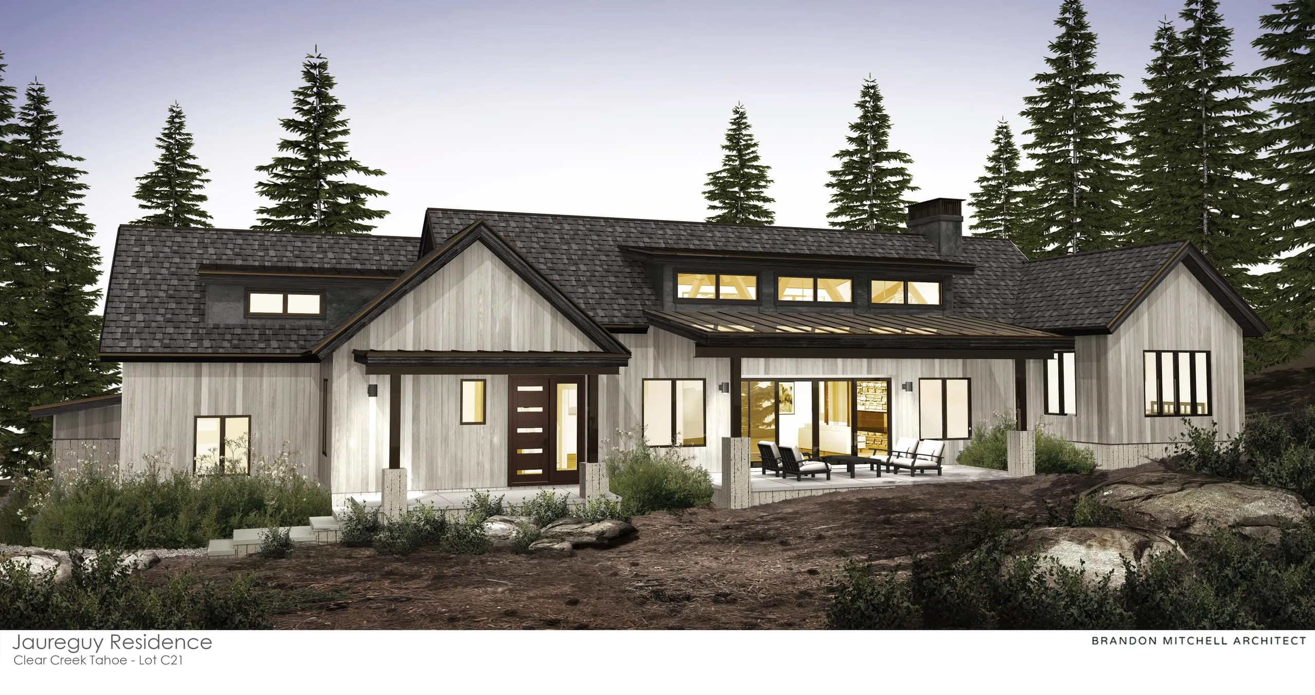 Rendering of the Jaureguy Residence: light board-and-batten gabled house with dark roof, entry porch and covered rear patio