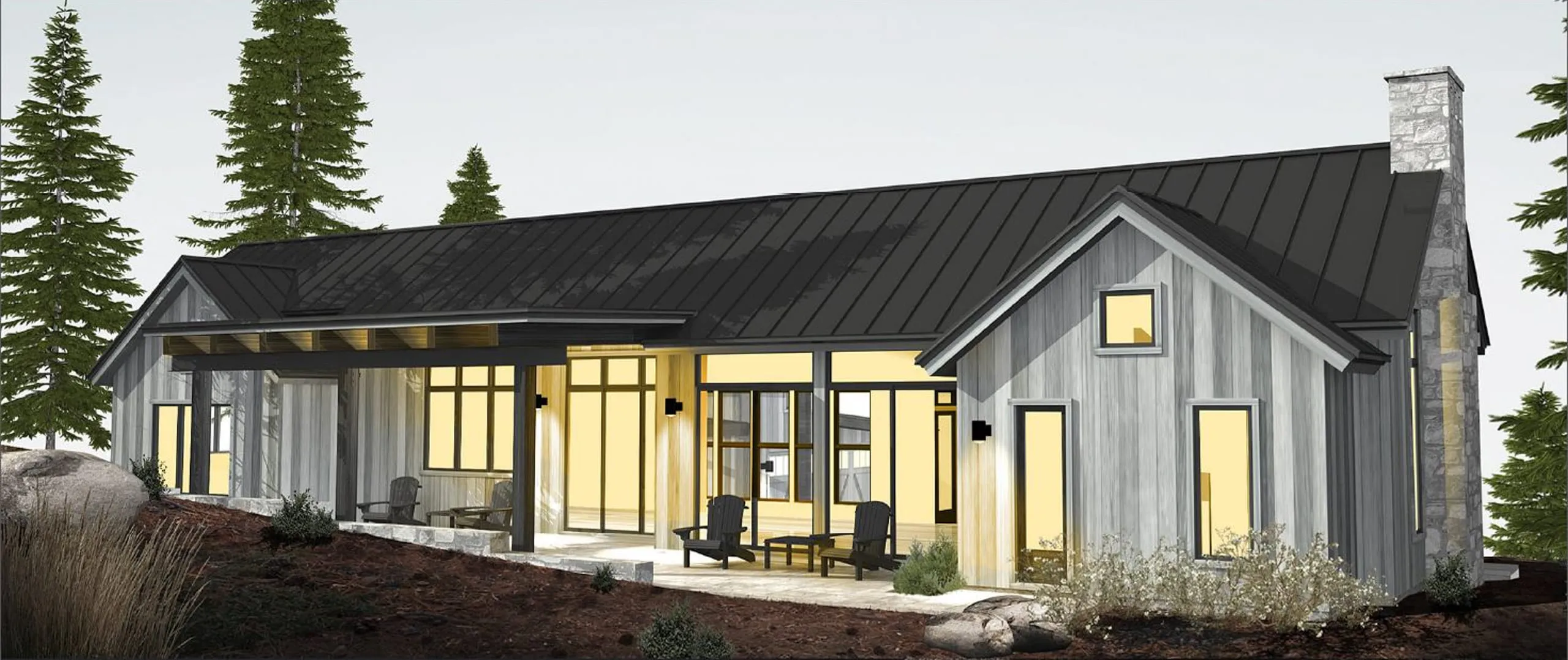 Rendering of single-story modern farmhouse rear with dark metal roof, gray siding, glowing windows and stone chimney