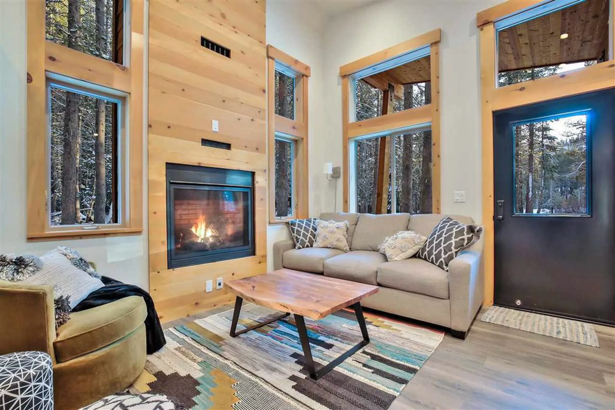 Tiny home living area with wood-paneled gas fireplace, sofa, live-edge coffee table and dark entry door